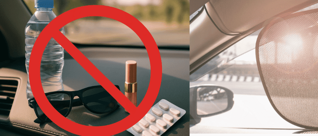 things u must not leave in the car during summer - makeup, plastic bottle, sunglasses, makeup